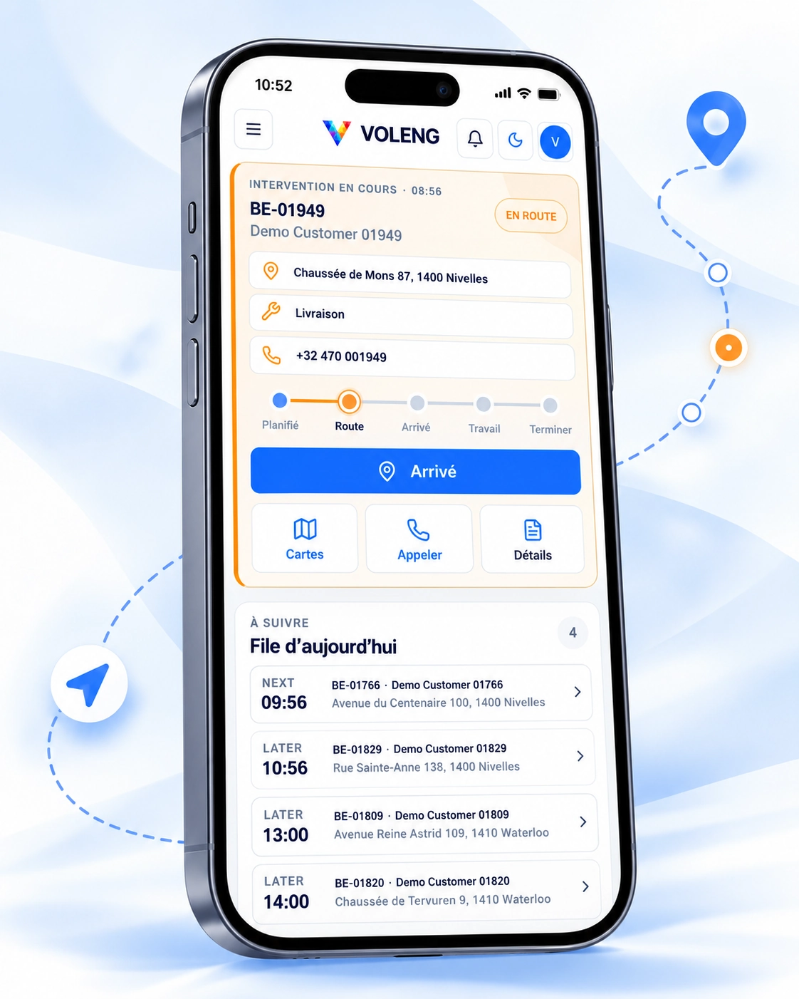 VOLENG Field Mobile active intervention with route status, customer address, call, maps and job details.