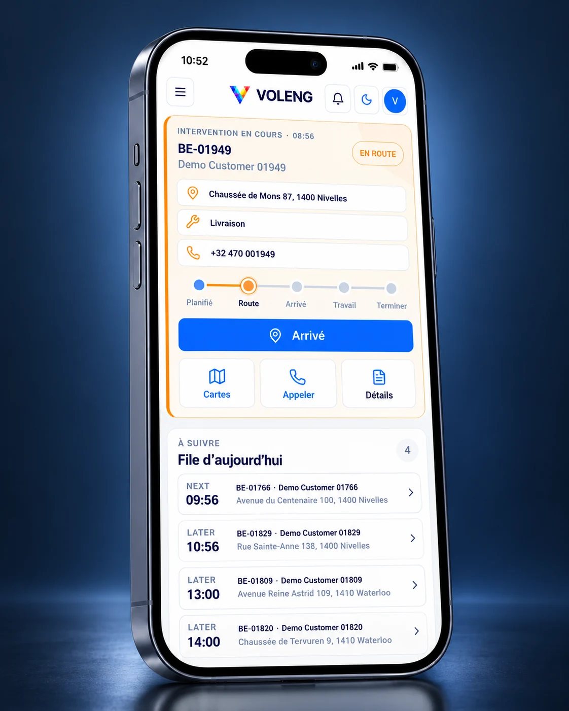 VOLENG Field Mobile showing an active work order and the day’s job list.